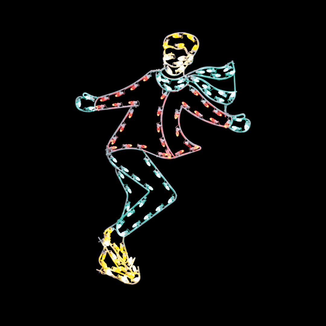 A lighted Christmas silhouette of a boy skater, skating backward.