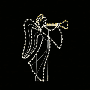 A lighted Christmas silhouette of an angel blowing a trumpet.