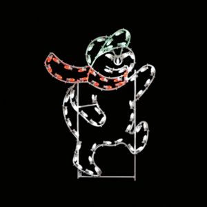 An illuminated Christmas silhouette of a small snowman wearing a green baseball cap and a red scarf.