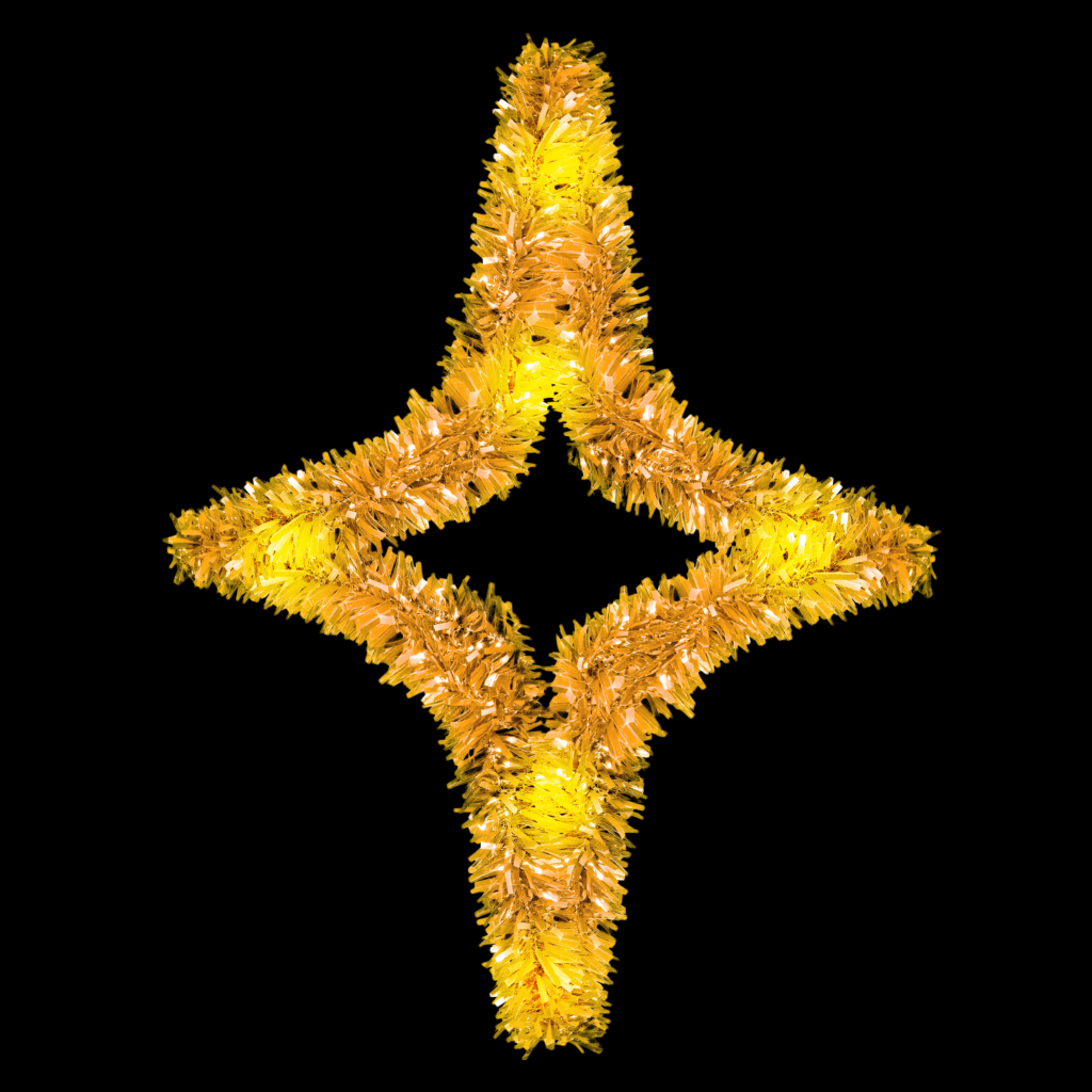 A four point star made of gold tinsel and white lights.