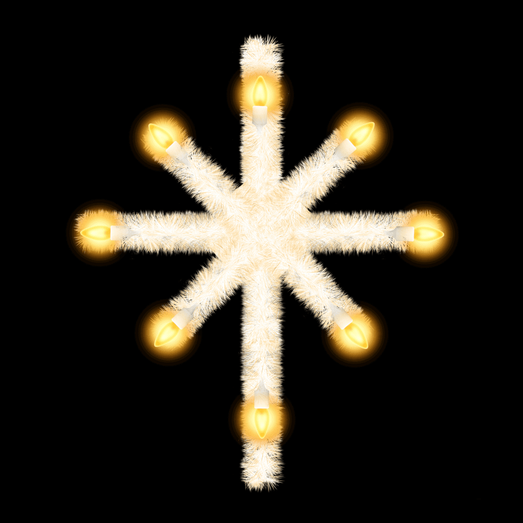 A six point star made of white tinsel and warm white C9 lamps.