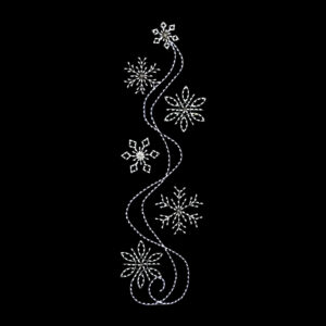 A tall blue ribbon with six (6) white snowflake silhouettes surrounding it.