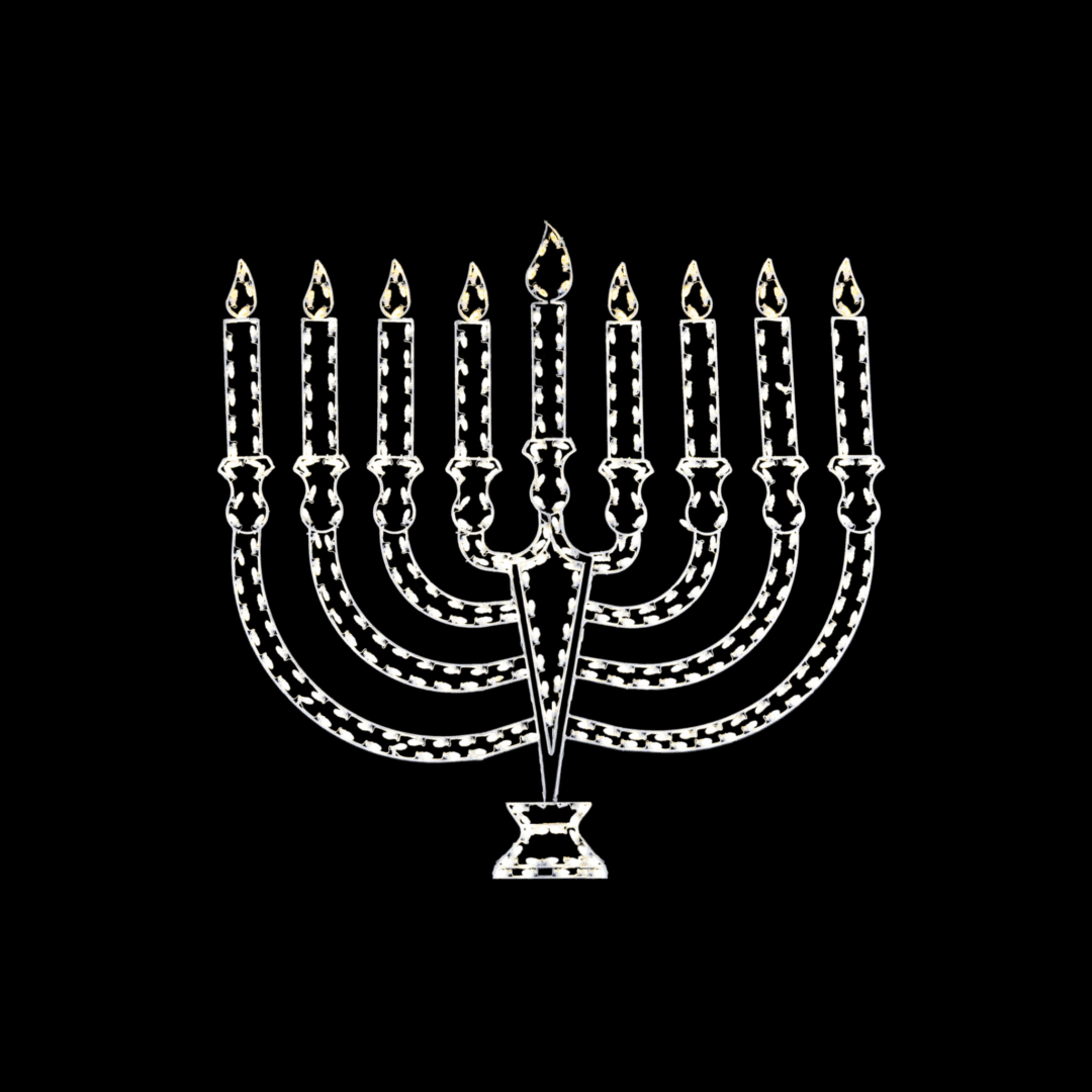 A lighted silhouette of a menorah.