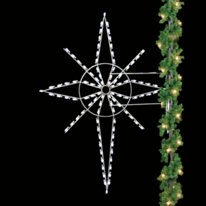 A silhouette of a nativity star, or star of Bethlehem, made of white wire and white C7 LED lights.