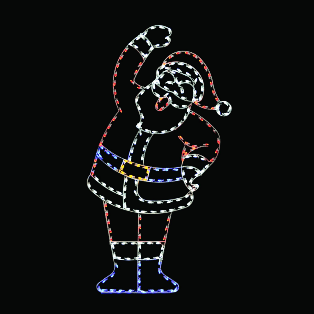 A large lighted silhouette of Santa raising his right hand over his head. Made of C7 LED lights.