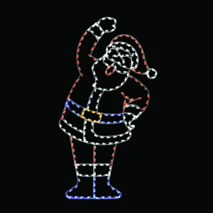 A large lighted silhouette of Santa raising his right hand over his head. Made of C7 LED lights.
