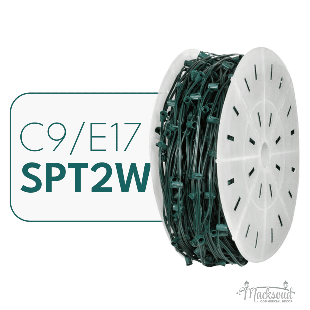 A white spool of green Christmas light wire with the words "C9/E17 SPT2W" to the left.