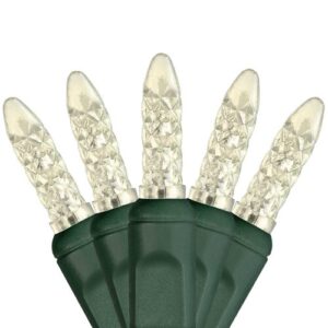 A fan of five (5) warm white M5 style LED lights on a green base and wire.