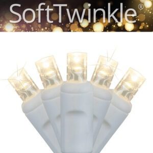 A fan of five (5) warm white 5mm LED Christmas lights with the words soft twinkle above.