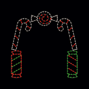 A lighted Christmas silhouette of a candy archway with a red and white wrapped peppermint on top of two red and white candy canes, on top of two red and green wrapped candies.