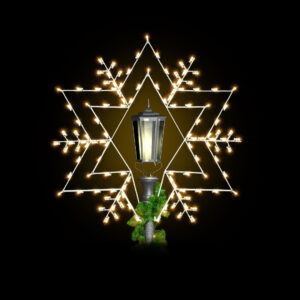An image of a lit lamp post with a star snowflake silhouette made of warm white C7 LED lights.