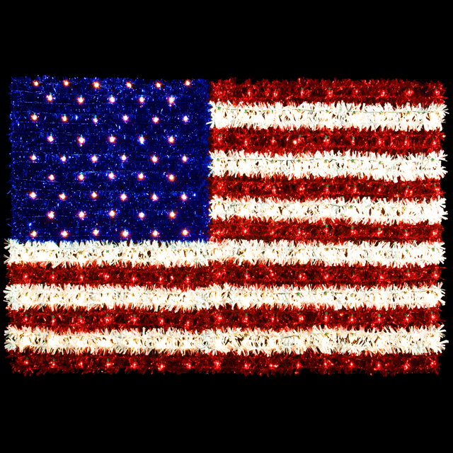 An image of the United States flag made of tinsel garland and C7 LED lights.
