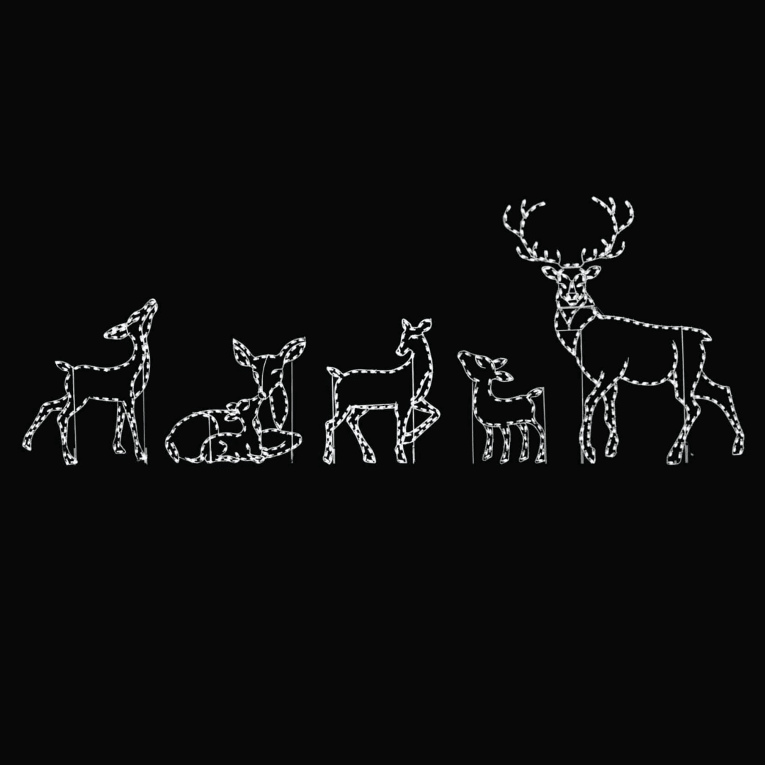 A lighted Christmas silhouette of a family of deer. Made of a metal frame, and C7 LED lamps.