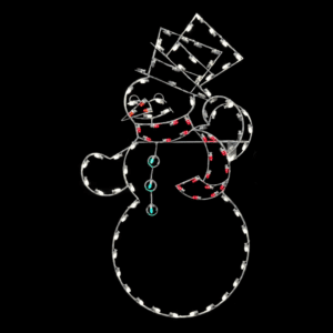 An animated lit Christmas silhouette of a snowman tipping it's hat.