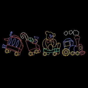 A lighted Christmas silhouette of a whimsical style toy train, pulling train cars with a teddy bear, and candy. Made of a white wire frame and C7 LED Christmas lights.