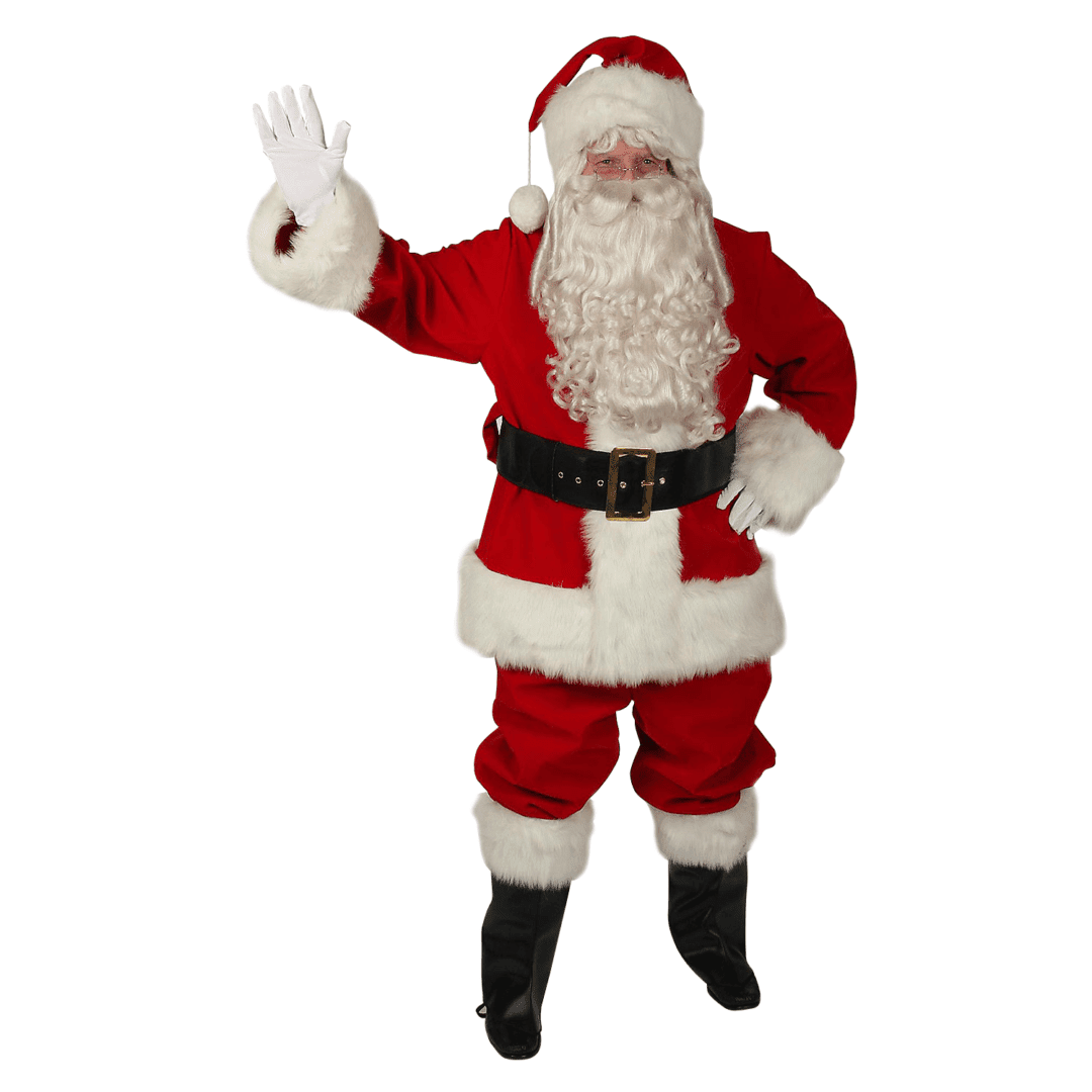 An image of Santa Claus waving with his right hand, and his left hand on his hip. He's wearing a bright red velvet suit with white faux fur trim, black boots, and a black belt.