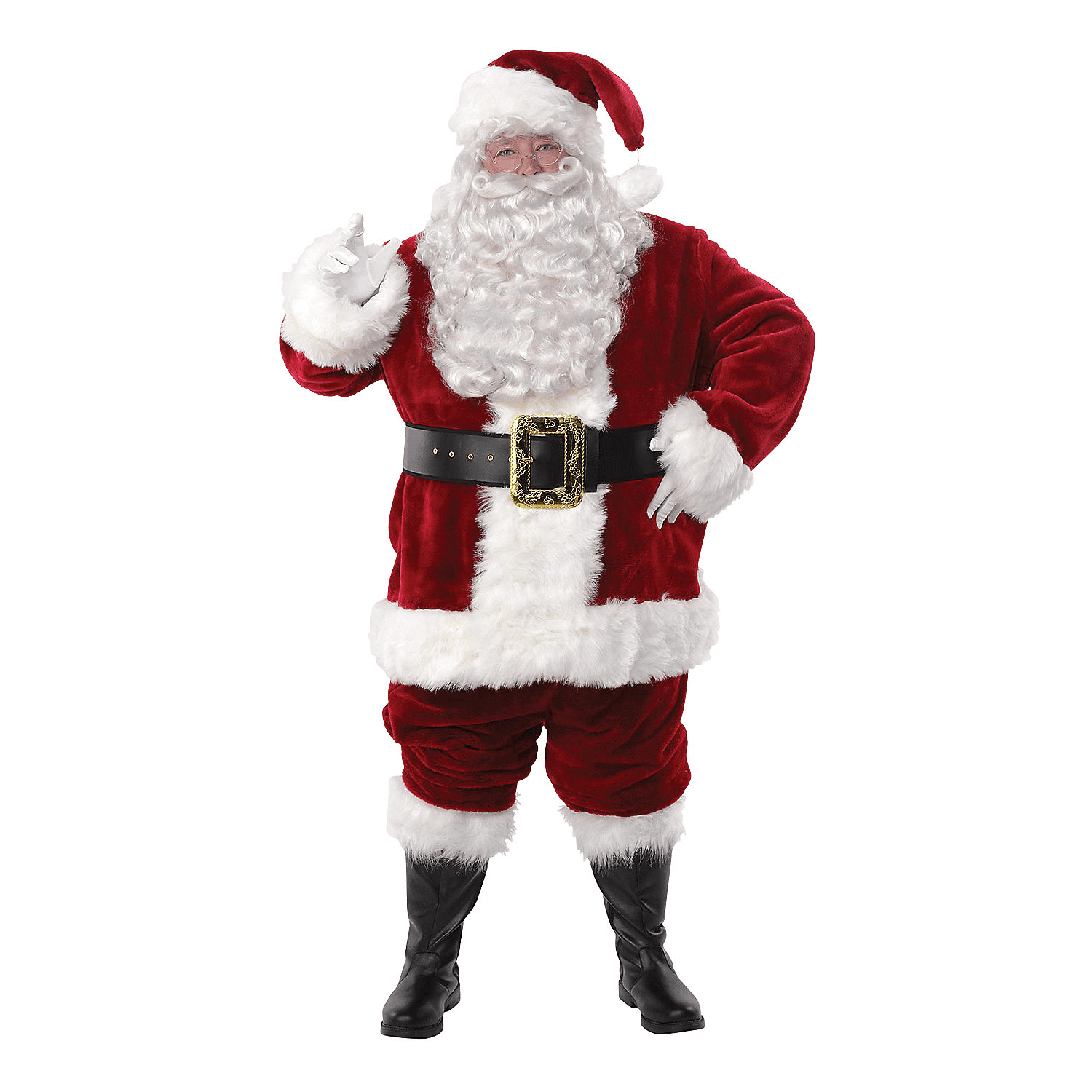 An image of Santa Claus waving with his right hand, and his left hand on his hip. He's wearing a burgundy pile plush suit with white faux fur trim, black boots, and a black belt.