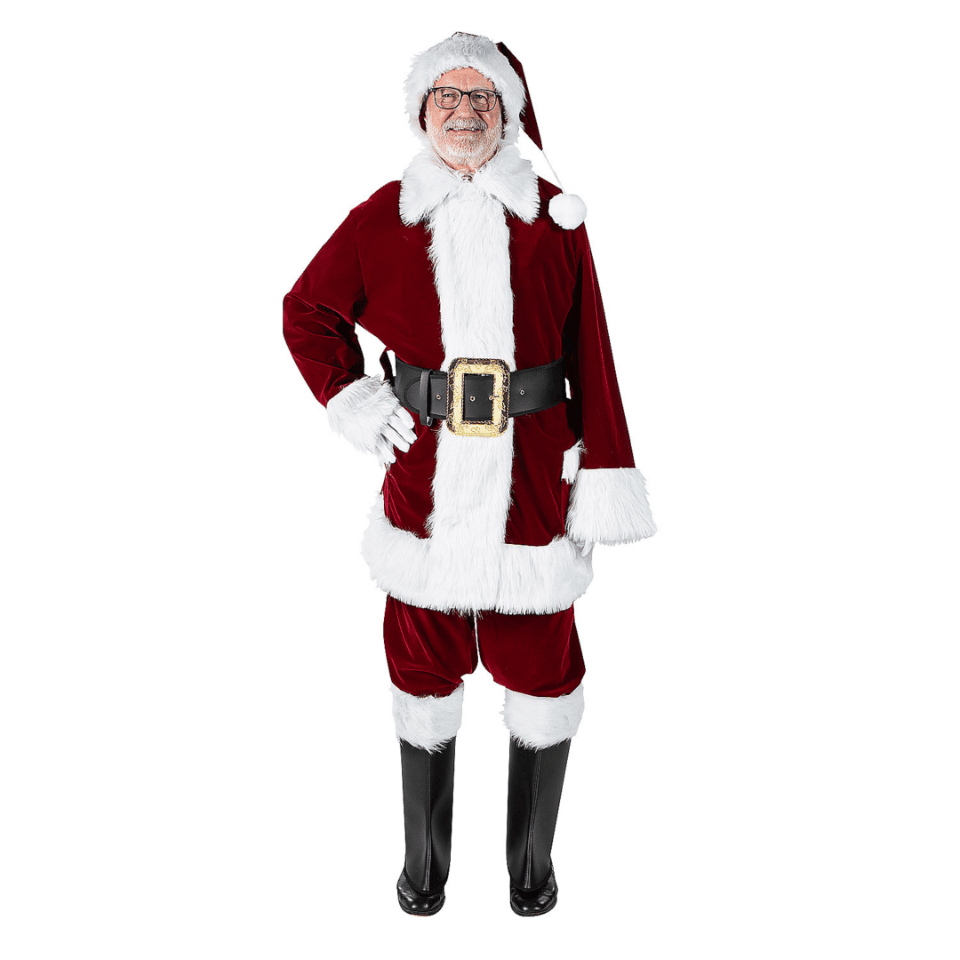 An image of Santa Claus wearing a burgundy velvet suit with white faux fur trim, black boots, and a black belt.