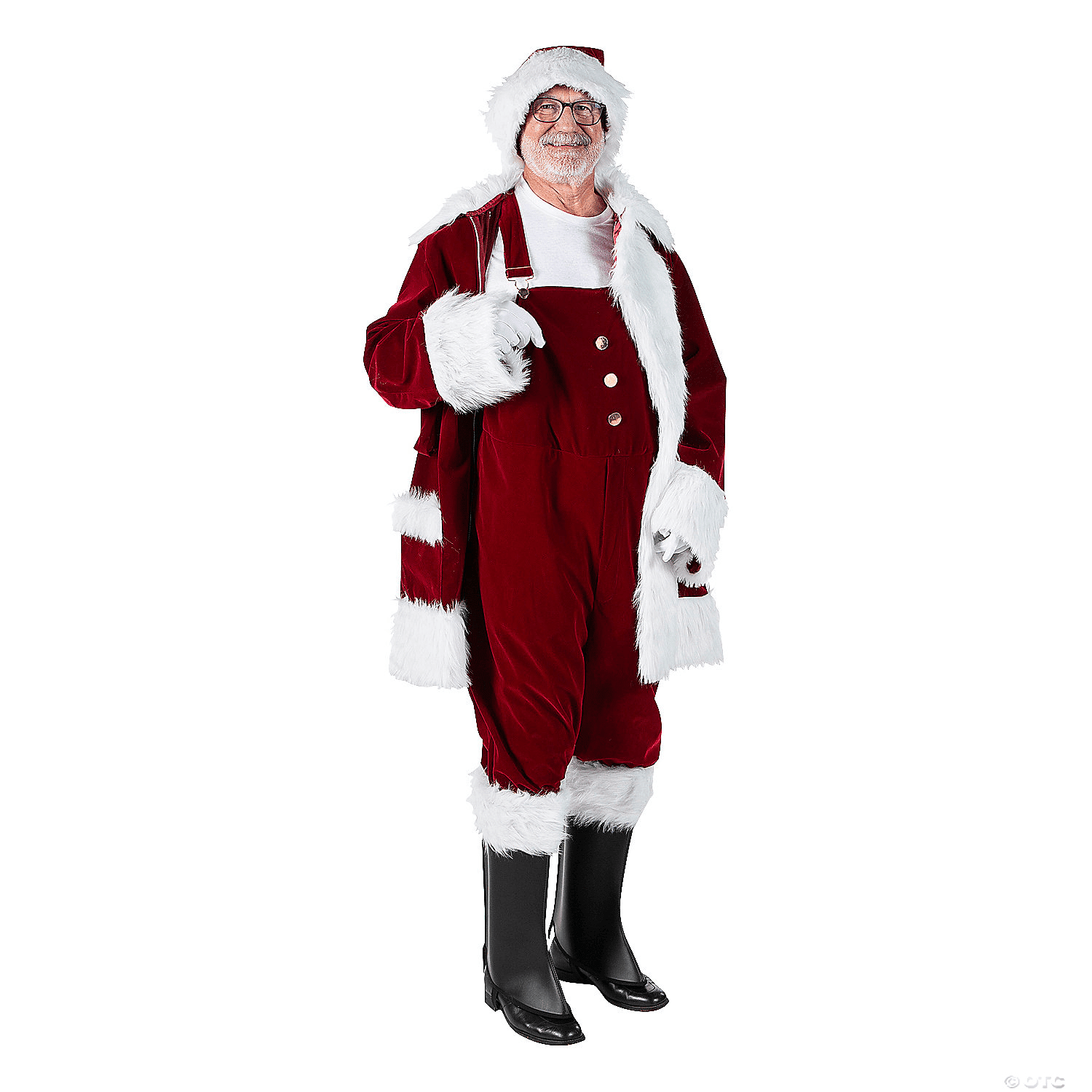 An image of Santa Claus wearing a burgundy velvet suit with white faux fur trim, black boots, and a black belt.