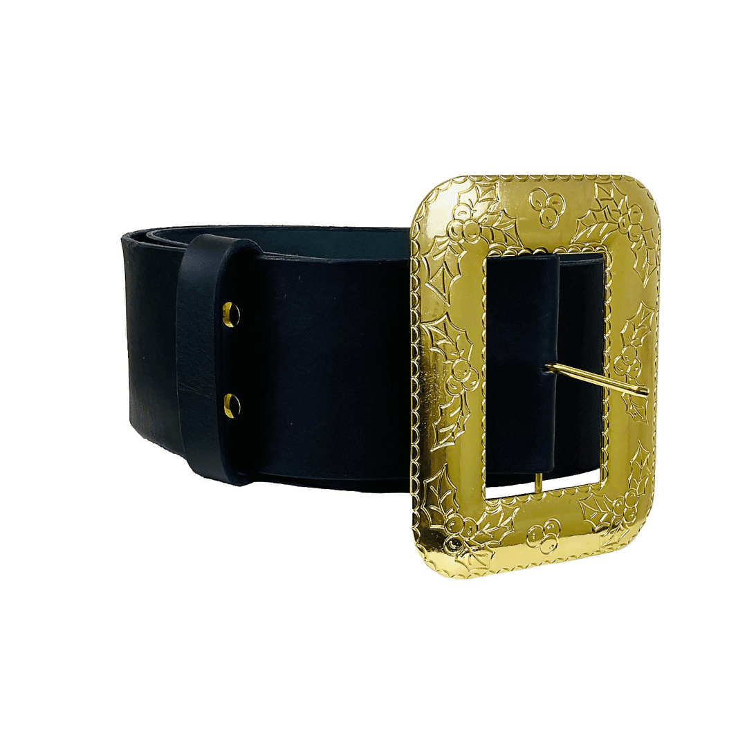 An image of a wide black leather Santa belt with a gold buckle, embossed with holly leaves and berries.