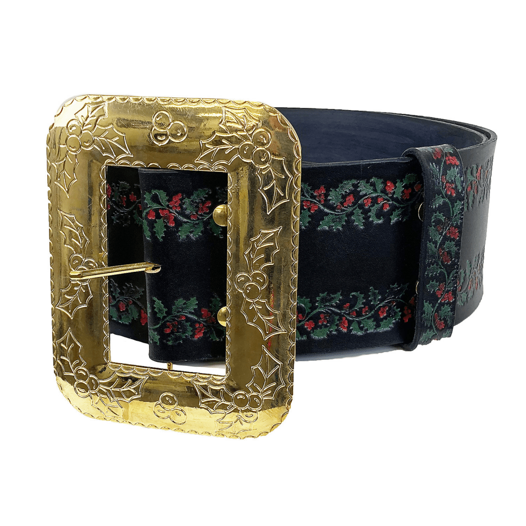 An image of a black leather Santa Claus belt with a gold buckle, engraved with holly leaves and berries. The black leather belt is embossed on the outside edges of the belt, with green holly leaves and red holly berries.