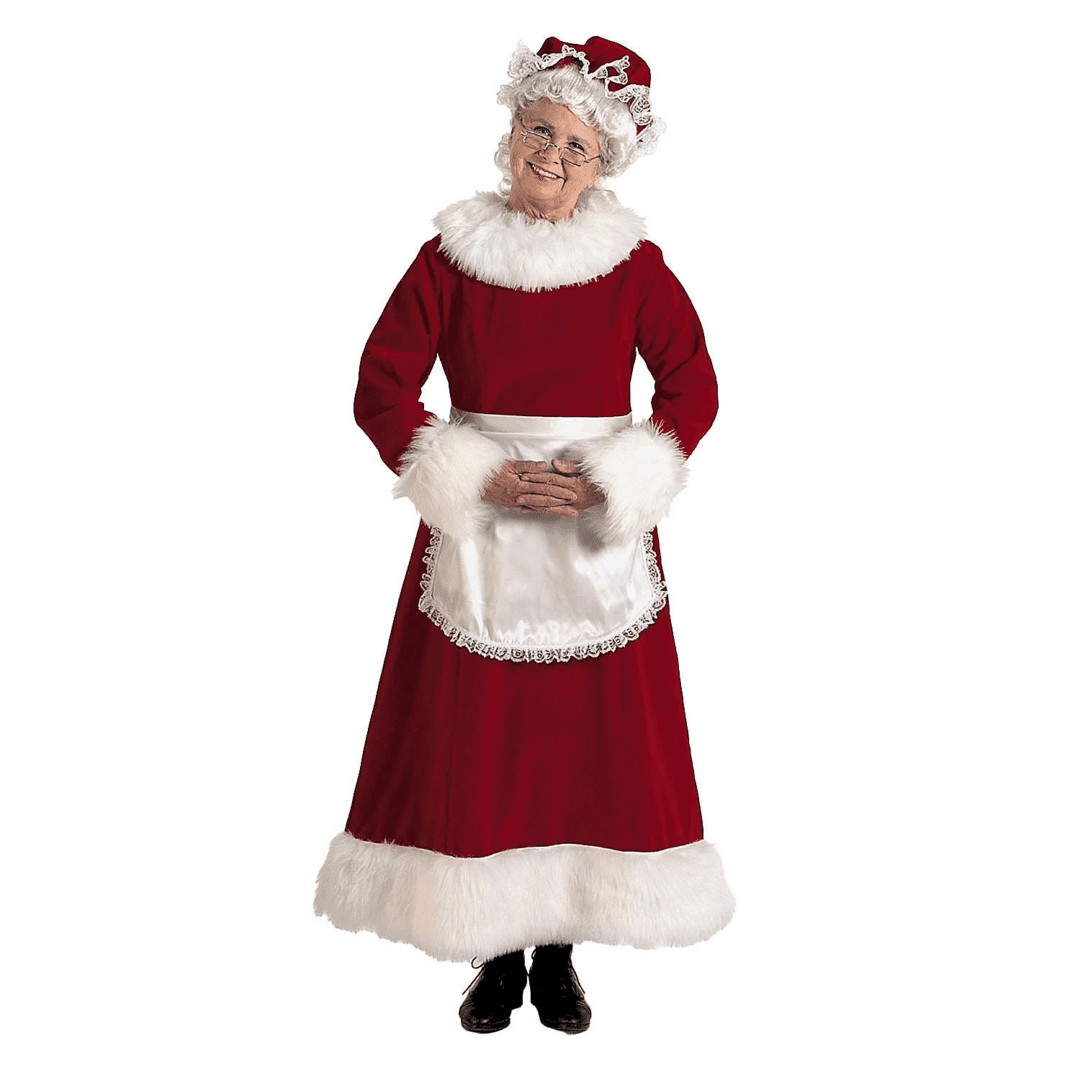An image of Mrs. Claus wearing a burgundy velvet dress with a white faux fur trim, and a traditional style mop hat.
