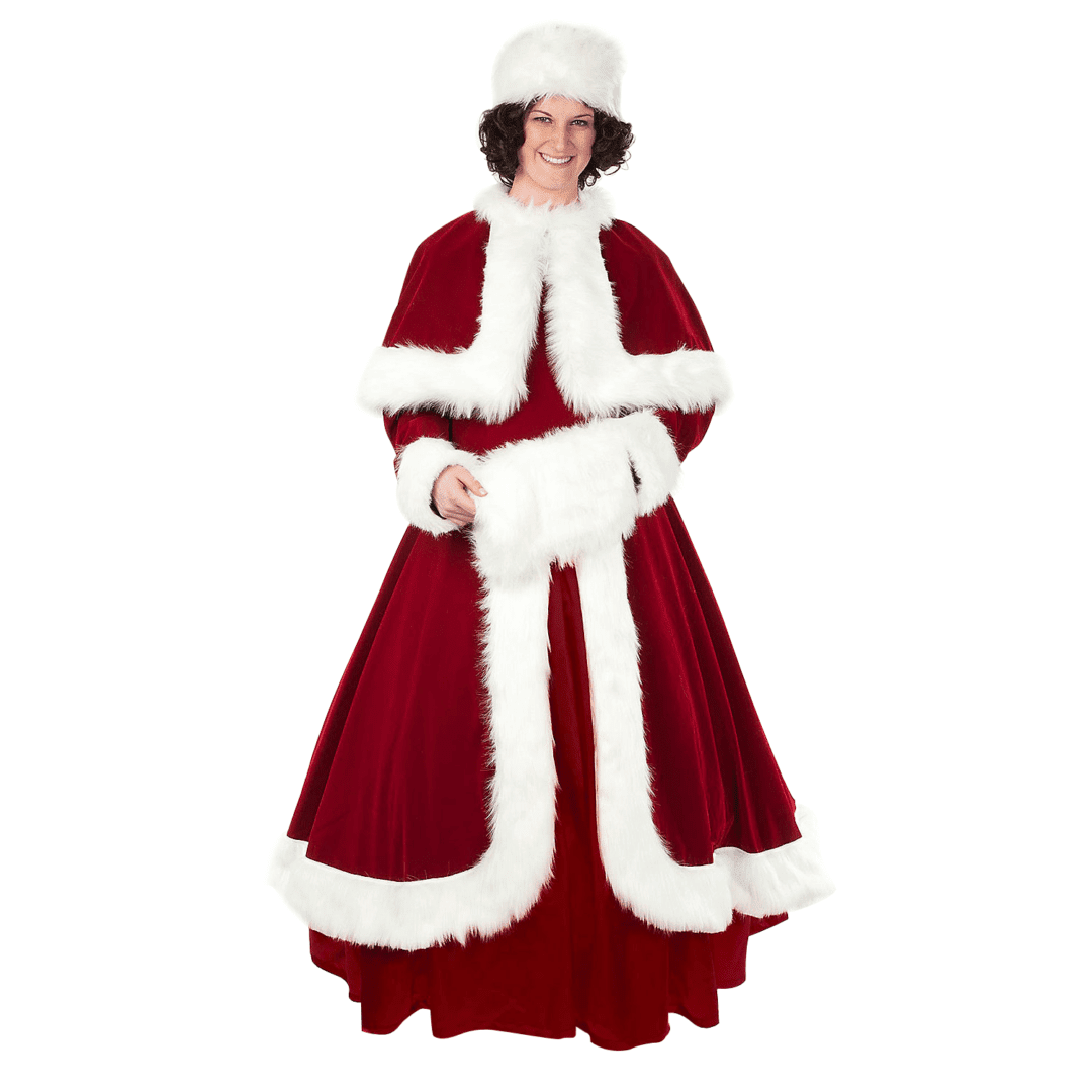 An image of Mrs. Claus wearing a long burgundy dress, trimmed with white faux fur.