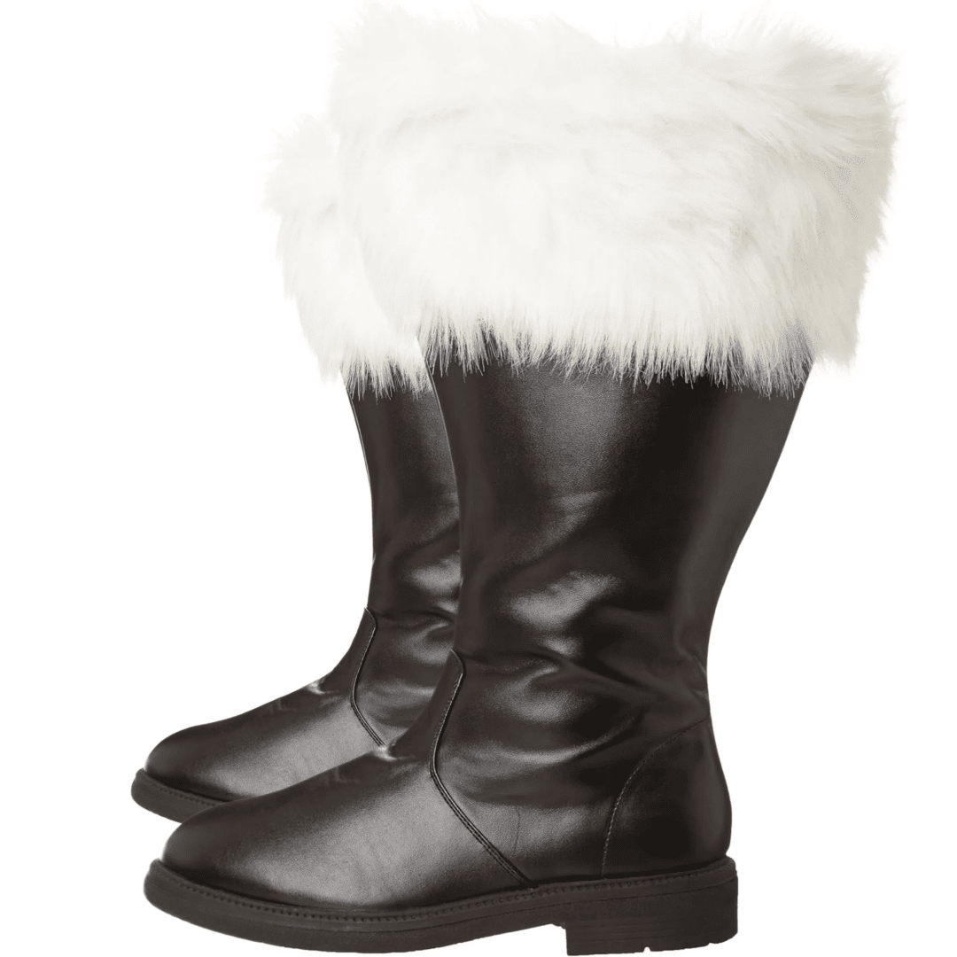 An image of two black faux leather Santa Claus boots with white faux fur cuffs.