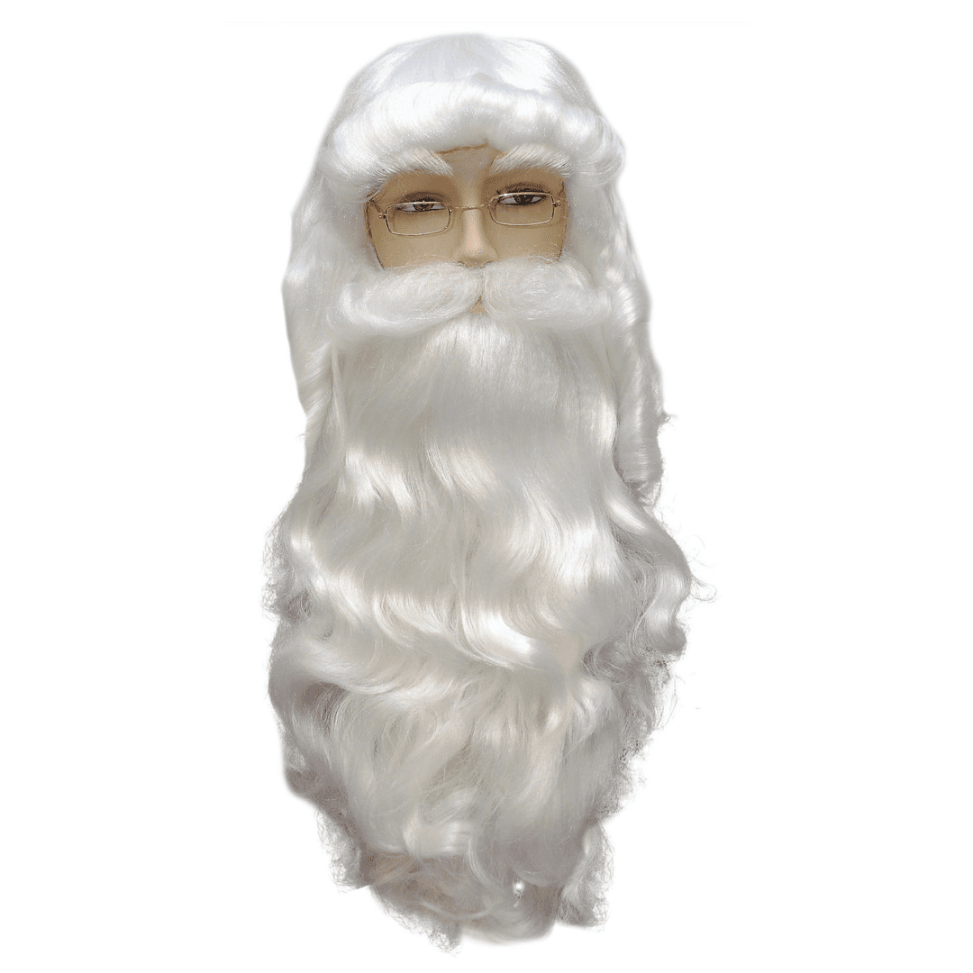 An image of a mannequin head wearing a big white Santa Claus beard and wig.
