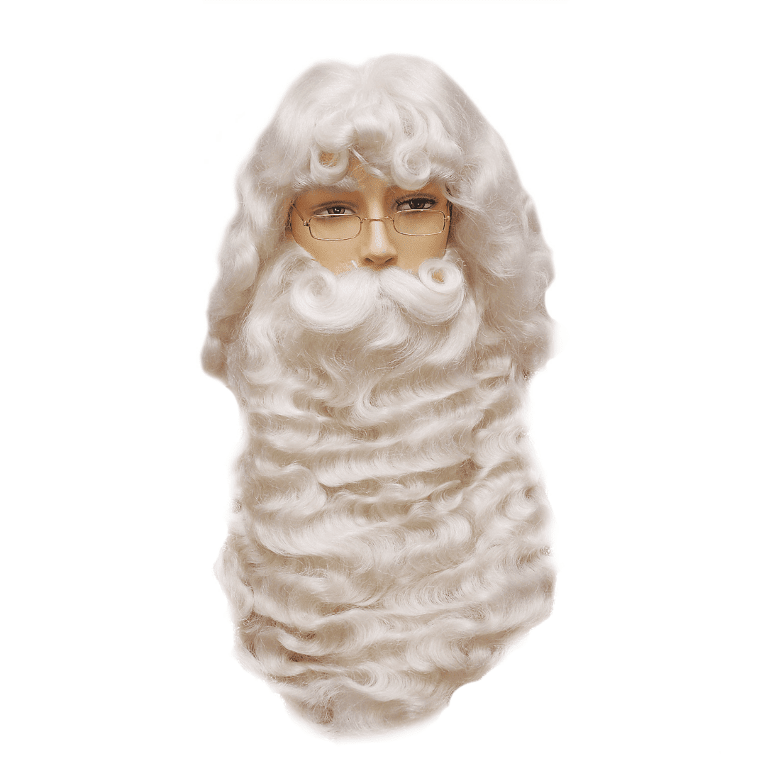 An image of a mannequin head wearing a big white Santa Claus beard and wig.