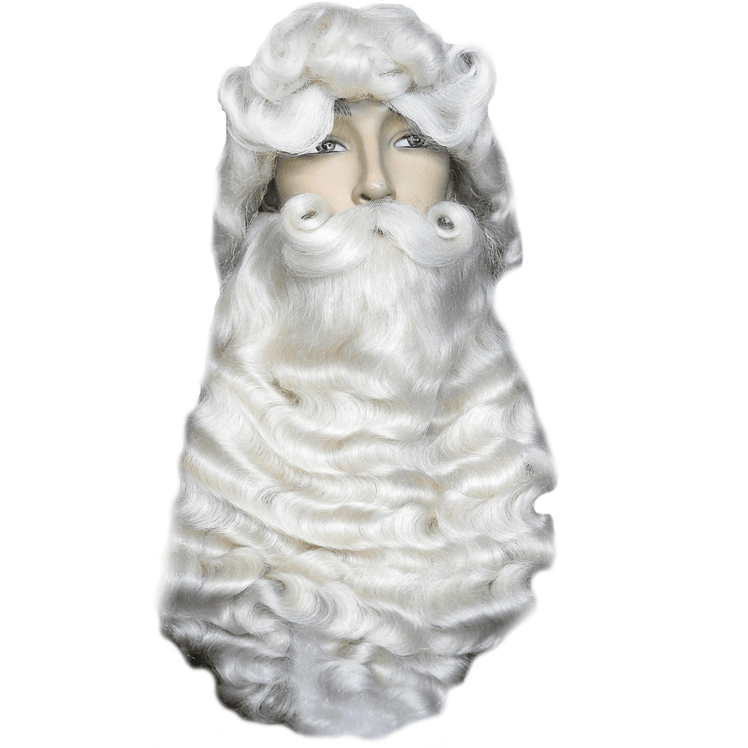 An image of a mannequin head wearing a big white Santa Claus beard and wig.