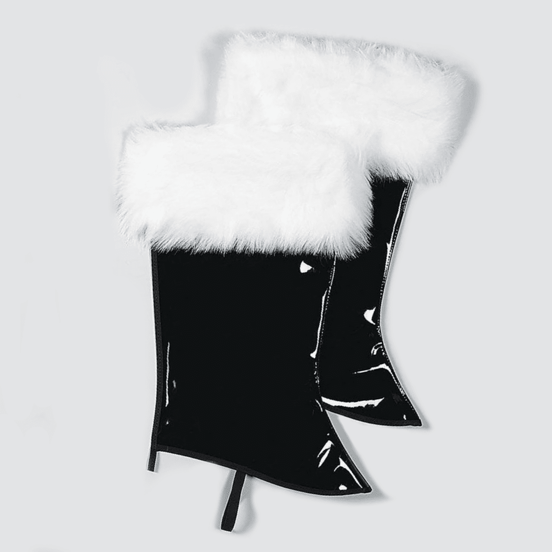A pair of shiny black leather Santa boot tops with white fur cuffs.
