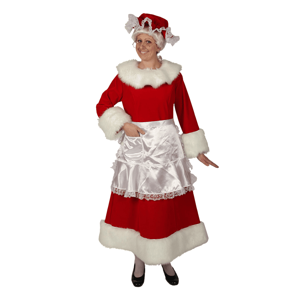 An image of Mrs. Claus wearing a bright red velvet dress with a white faux fur trim, and a traditional style mop hat.