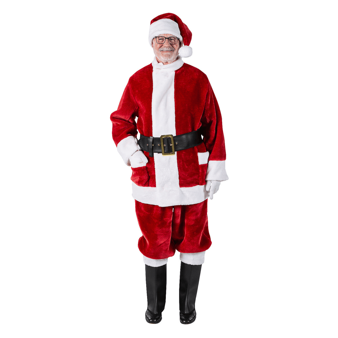 An image of Santa Claus with his right hand in a jacket pocket, and his left hand on his hip. He's wearing a burgundy pile plush suit with white pile plush trim, black boots, and a black belt.