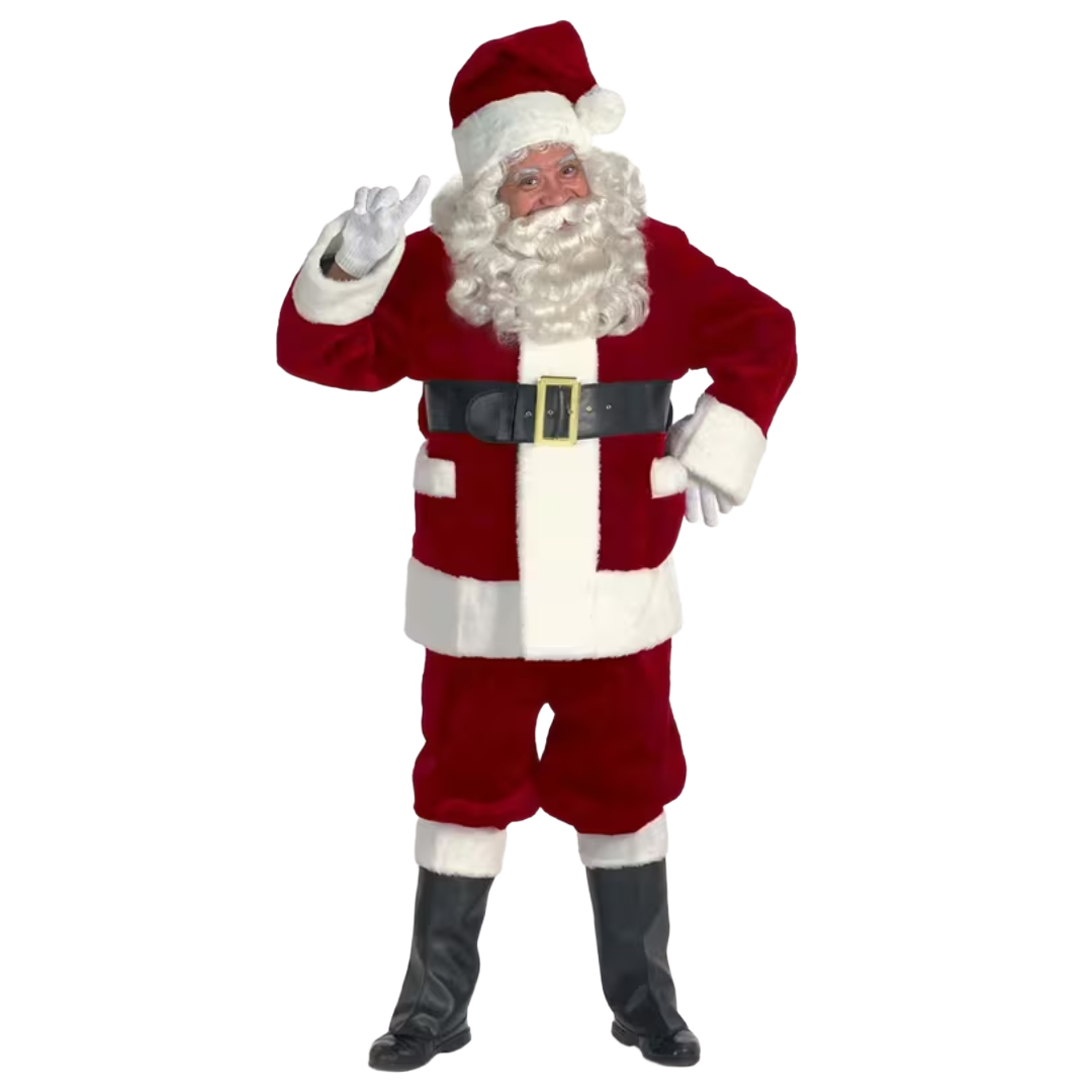 An image of Santa Claus with his right hand in a jacket pocket, and his left hand on his hip. He's wearing a burgundy pile plush suit with white pile plush trim, black boots, and a black belt.
