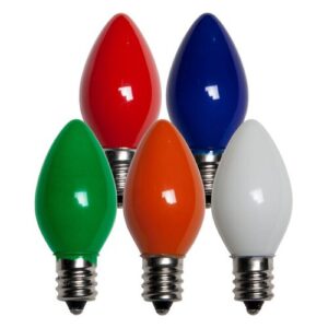 An image of five traditional opaque C7 incandescent light bulbs. Colors include green, red, orange, blue, and white.