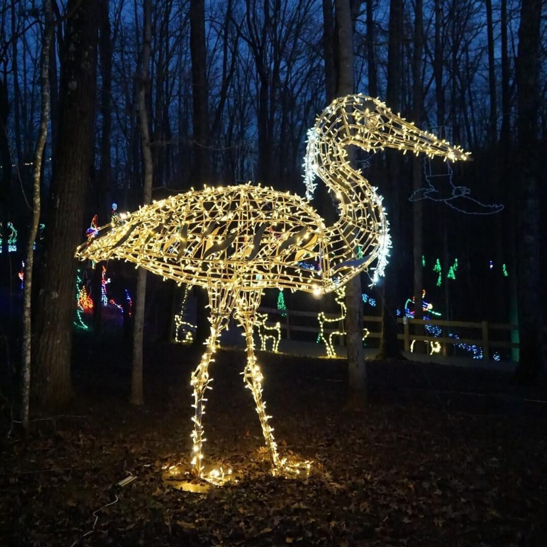 An image of a giant Heron, made of a metal frame and mini LED lights.