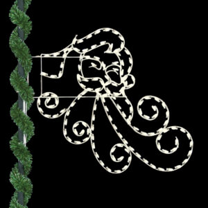 Pole-mounted holiday decoration featuring an illuminated Santa Claus face with a flowing beard made of warm white LED rope lights, accented by green garland wrapping around the pole.