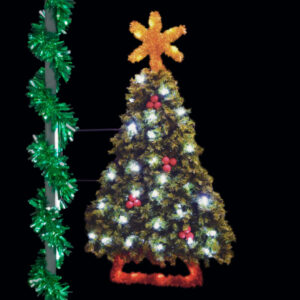 An image of a Christmas tree with a red base, and gold star, mounted on the side of a pole decorated with green garland.