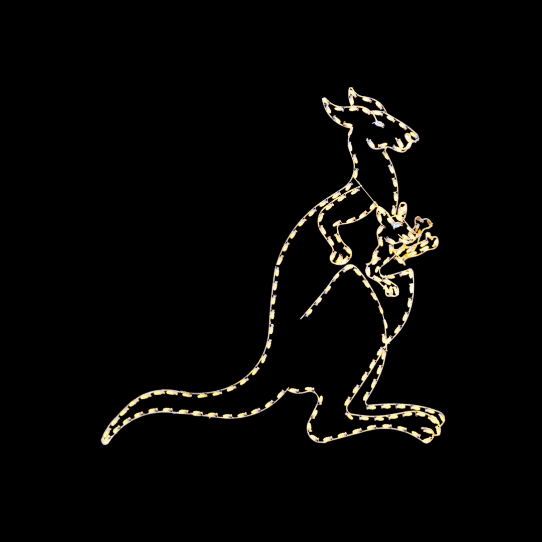 An image of a lighted kangaroo silhouette made of C7 LED Christmas lights, with a waving joey in it's pouch.