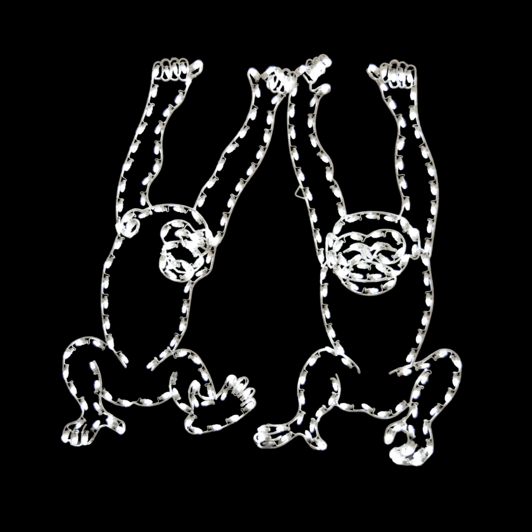 An image of two lighted Christmas light silhouette chimps swinging from side to side.