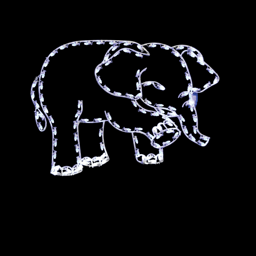 A lighted Christmas silhouette of a baby elephant with one foot in the air.