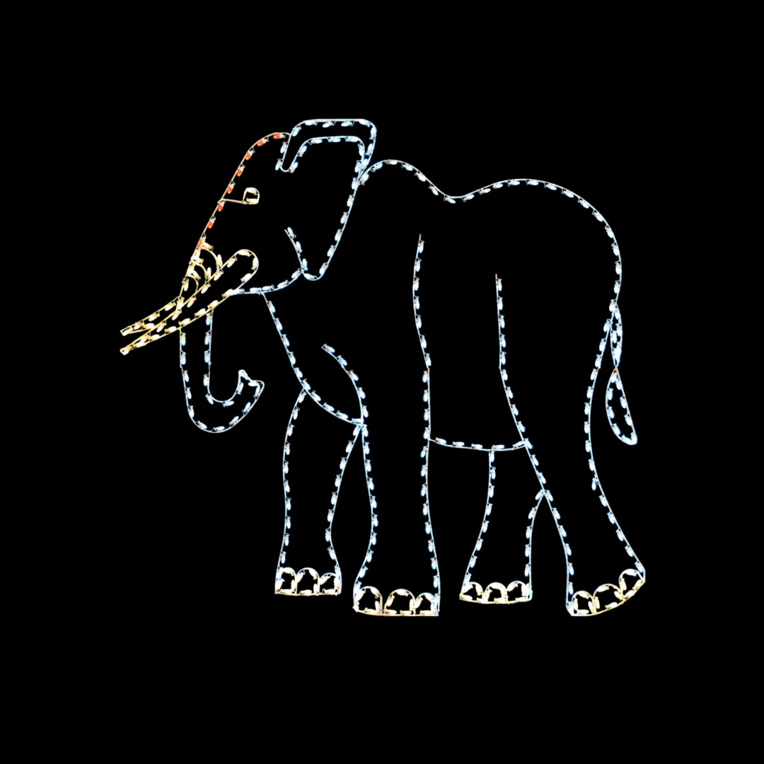 A lighted Christmas light silhouette of a bull elephant walking.