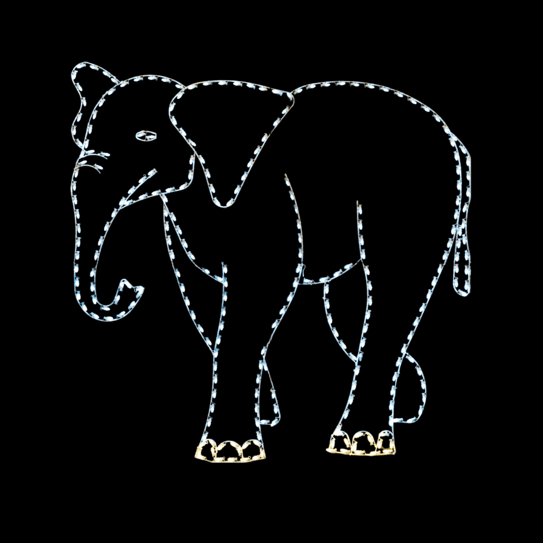 A lighted Christmas silhouette of a large mama elephant walking.