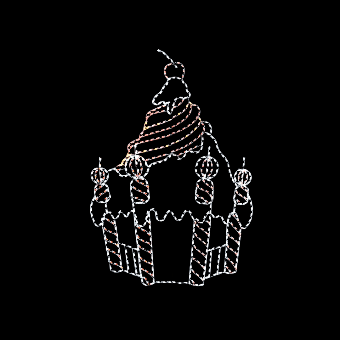 A lighted Christmas silhouette of a candy gingerbread gazebo.