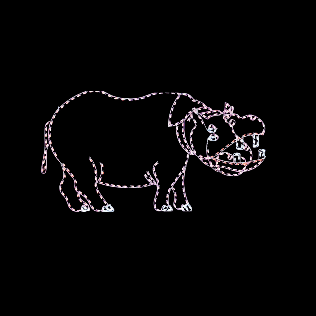 A Christmas light display of a hippopotamus standing.