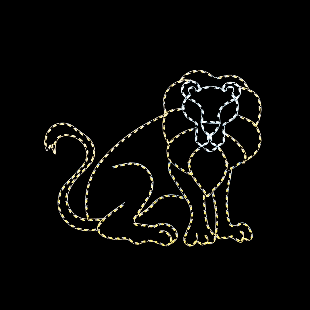 A lighted Christmas silhouette of a lion sitting.