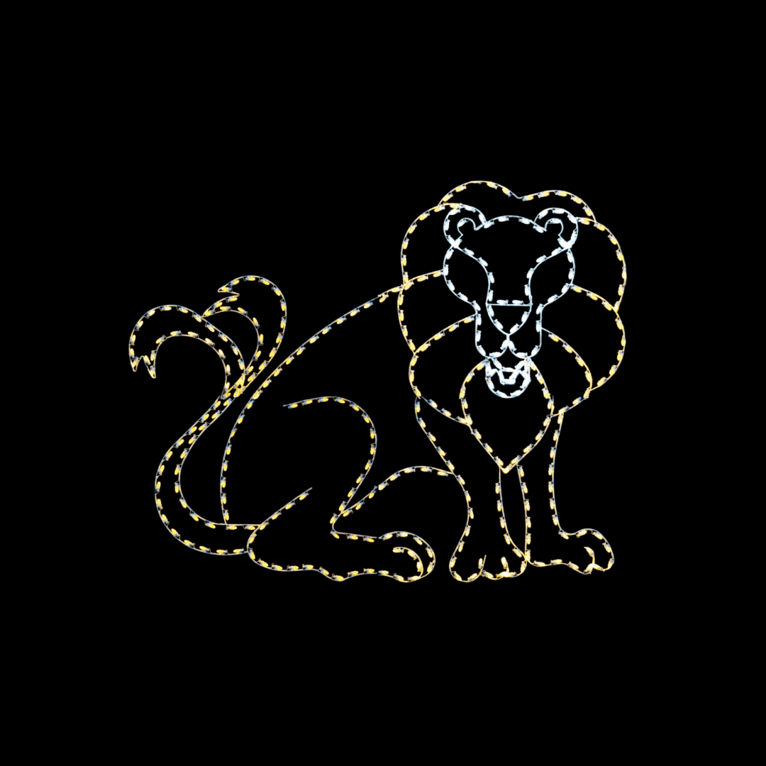 An image of a roaring lion lighted Christmas light silhouette.