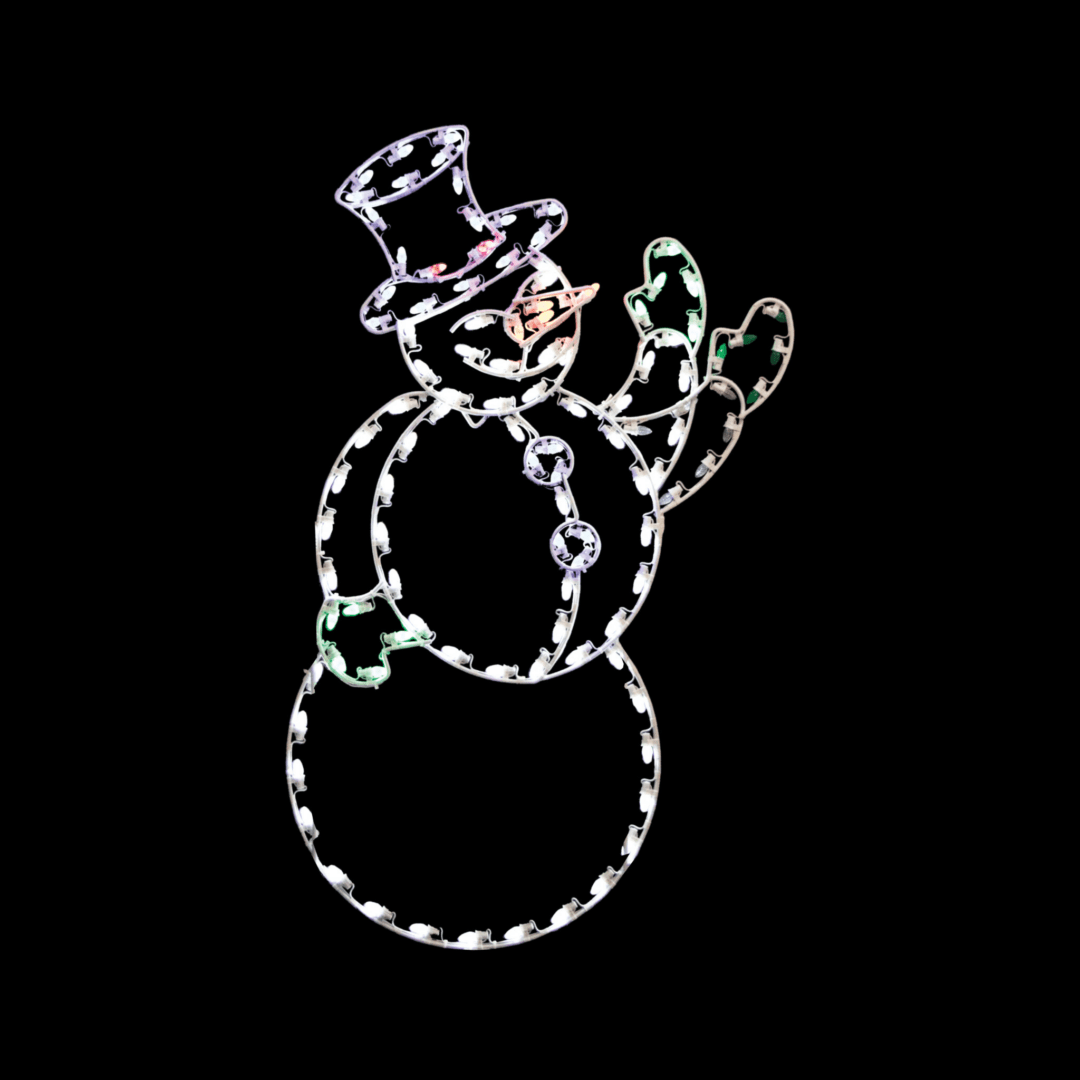 A christmas light silhouette of a snowman waving.