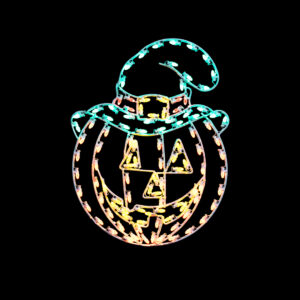 A Christmas light silhouette of an orange smiling pumpkin wearing a green hat with a yellow buckle.